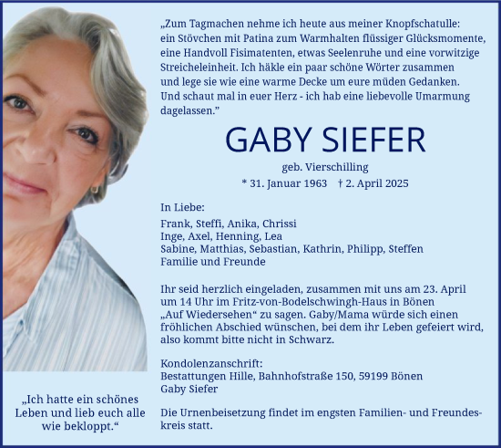 Todesanzeige von Gaby Siefer von WA