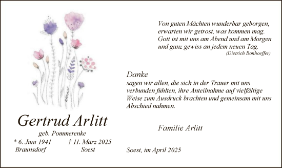 Todesanzeige von Gertrud Arlitt von WA