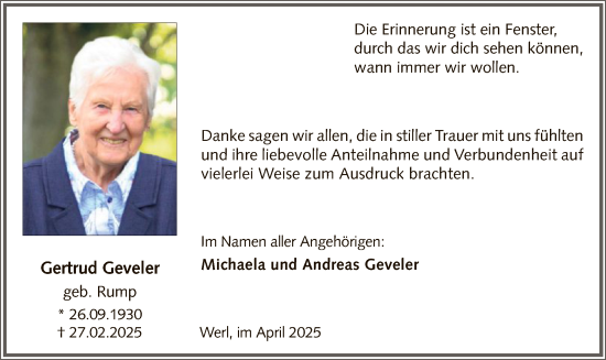 Todesanzeige von Gertrud Geveler von WA