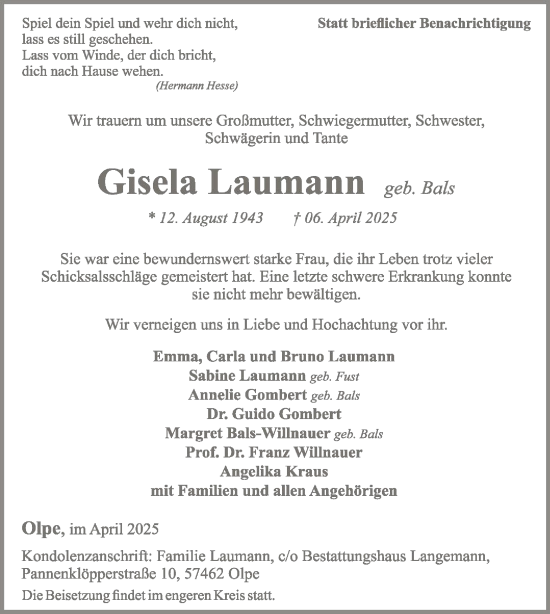 Todesanzeige von Gisela Laumann von WA
