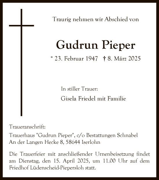 Todesanzeige von Gudrun Pieper von WA