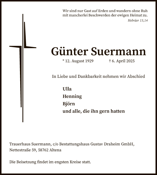 Todesanzeige von Günter Suermann von WA
