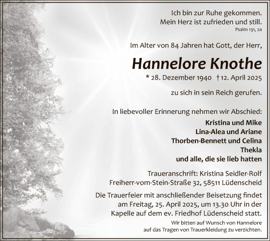 Todesanzeige von Hannelore Knothe von WA