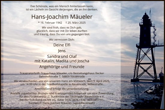 Todesanzeige von Hans-Joachim Mäueler von WA