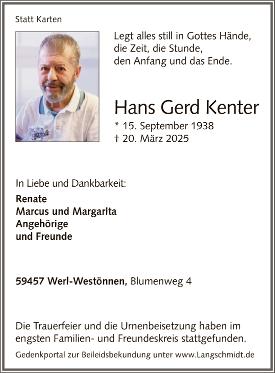Todesanzeige von Hans Gerd Kenter von WA