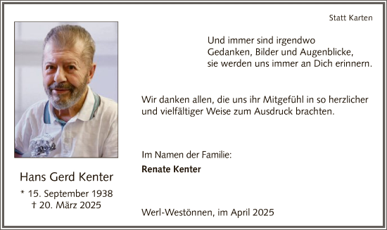 Todesanzeige von Hans Gerd Kenter von WA