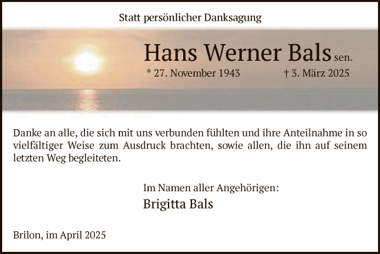 Todesanzeige von Hans Werner Bals von WA