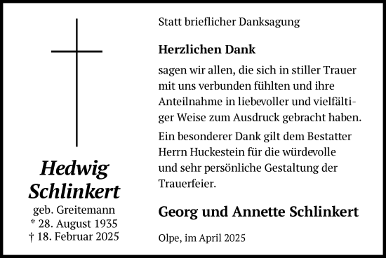 Todesanzeige von Hedwig Schlinkert von WA