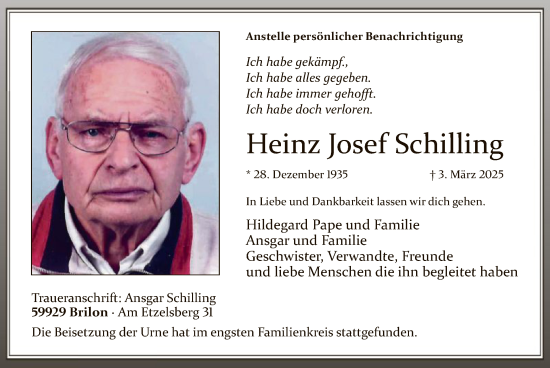 Todesanzeige von Heinz Josef Schilling von WA