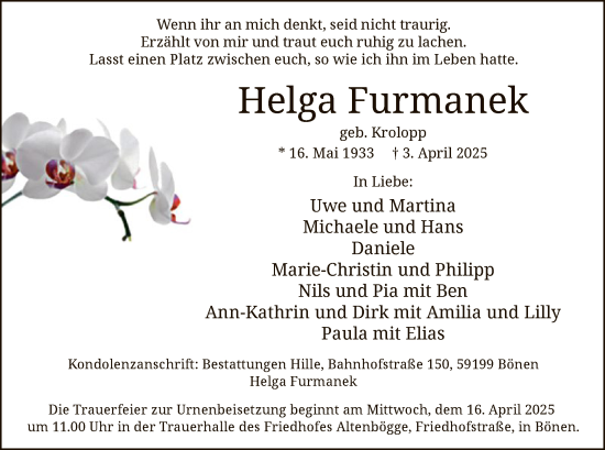 Todesanzeige von Helga Furmanek von WA