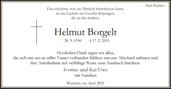 Todesanzeige von Helmut Borgelt von WA