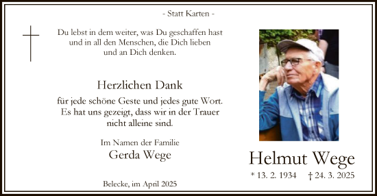 Todesanzeige von Helmut Wege von WA