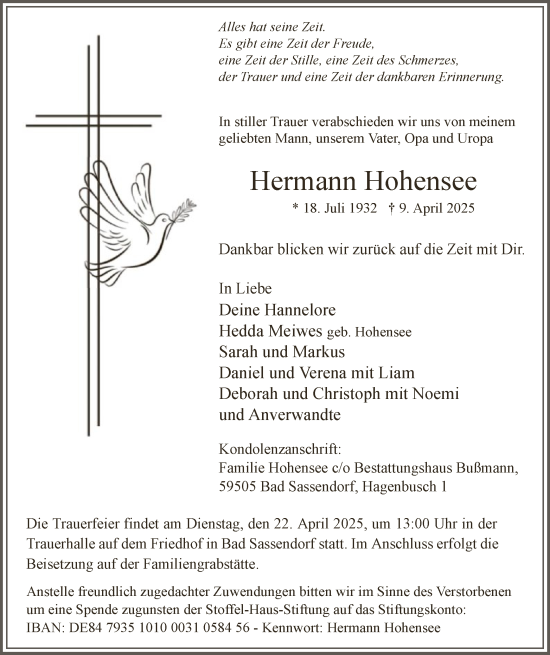 Todesanzeige von Hermann Hohensee von WA