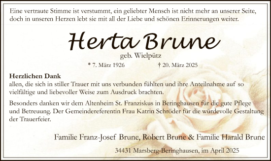 Todesanzeige von Herta Brune von WA