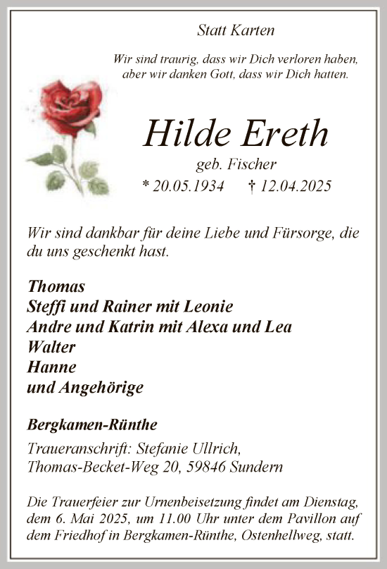 Todesanzeige von Hilde Ereth von WA