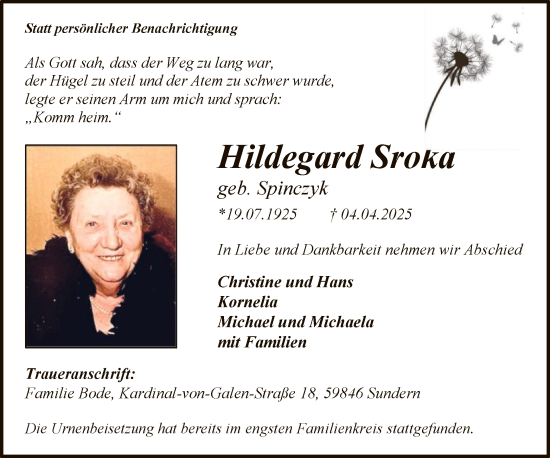Todesanzeige von Hildegard Sroka von WA