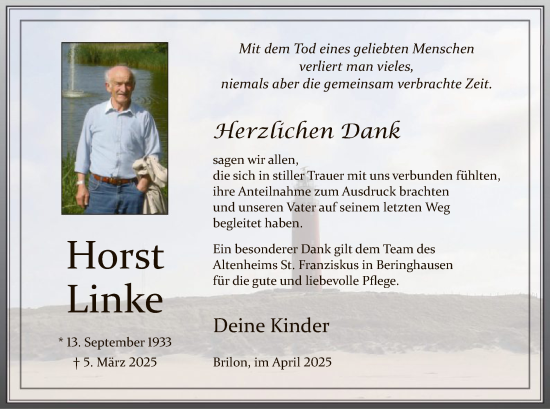 Todesanzeige von Horst Linke von WA