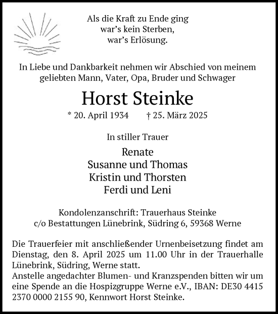 Todesanzeige von Horst Steinke von WA