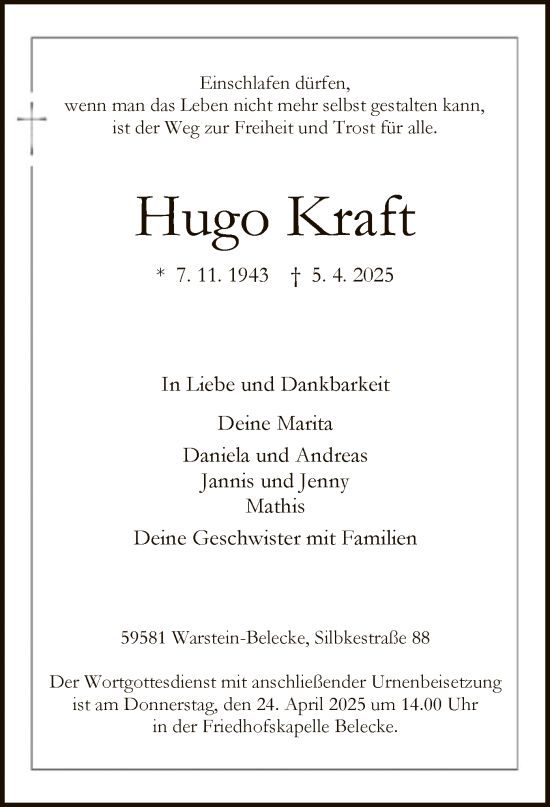Todesanzeige von Hugo Kraft von WA