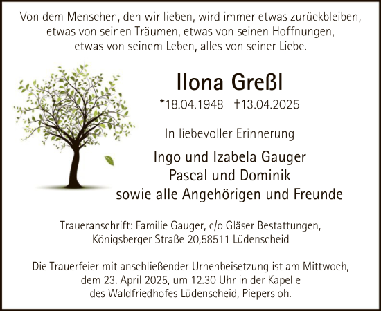 Todesanzeige von Ilona Greßl von WA