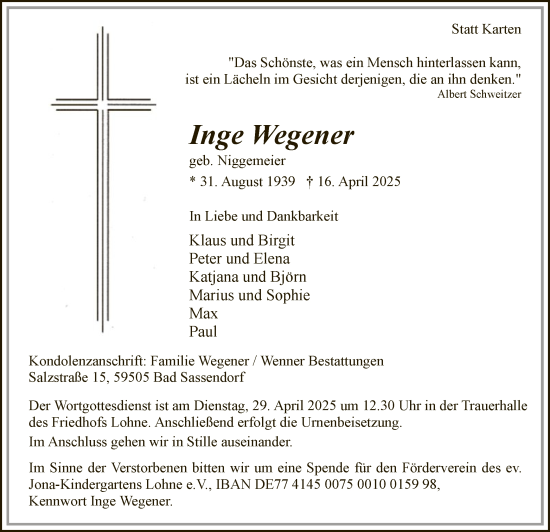 Todesanzeige von Inge Wegener von WA