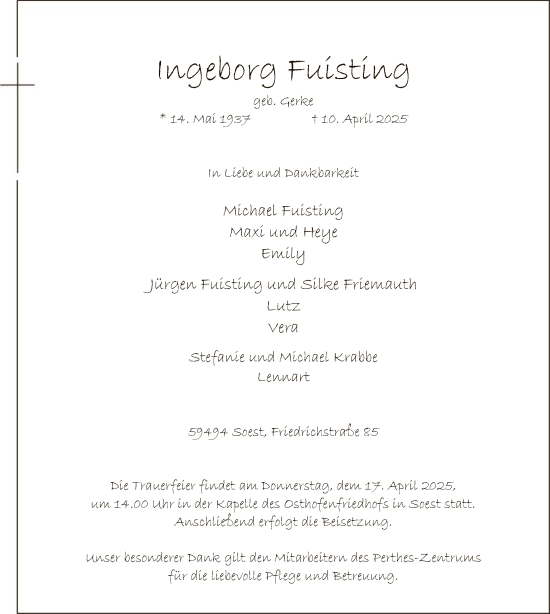 Todesanzeige von Ingeborg Fuisting von WA