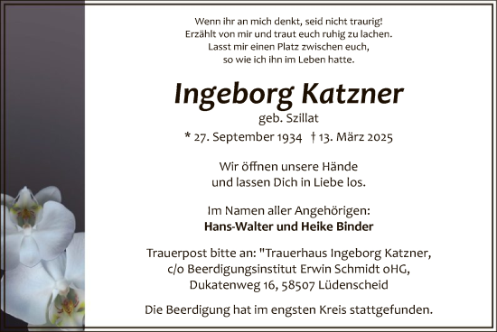 Todesanzeige von Ingeborg Katzner von WA