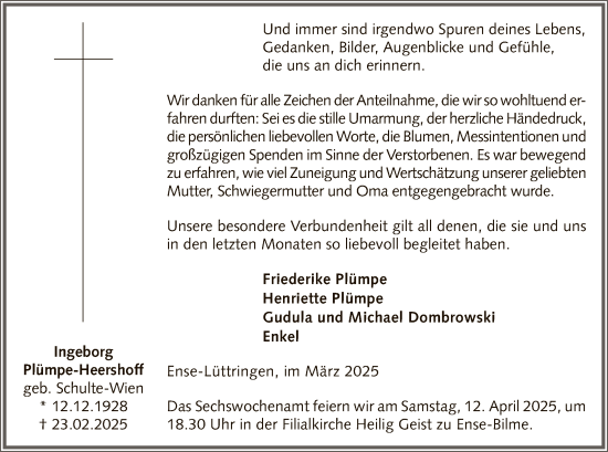 Todesanzeige von Ingeborg Plümpe-Heershoff von WA
