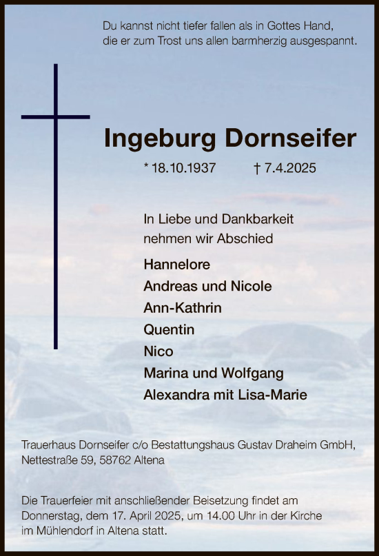 Todesanzeige von Ingeburg Dornseifer von WA