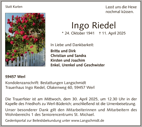 Todesanzeige von Ingo Riedel von WA