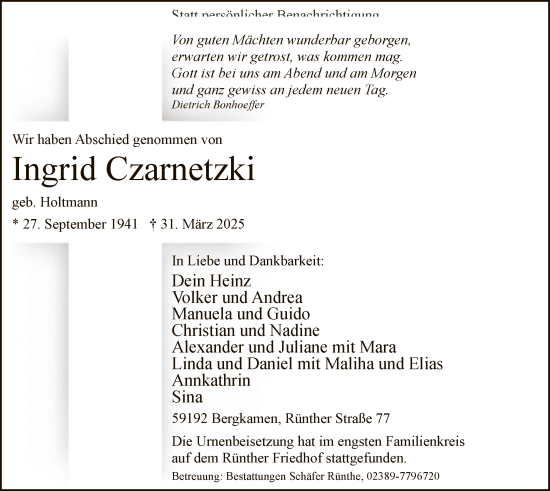Todesanzeige von Ingrid Czarnetzki von WA