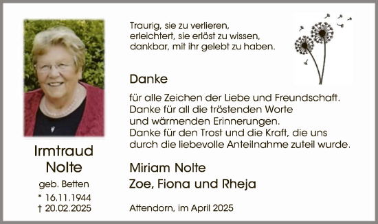 Todesanzeige von Irmtraud Nolte von WA