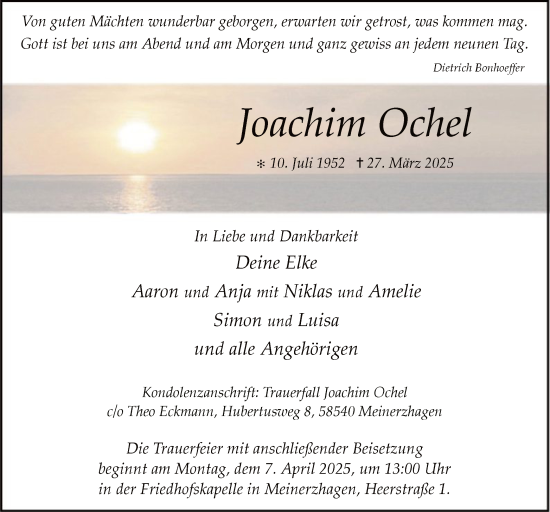 Todesanzeige von Joachim Ochel von WA