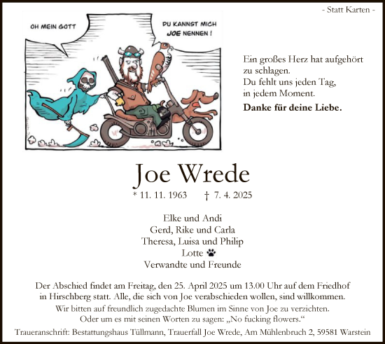 Todesanzeige von Joe Wrede von WA