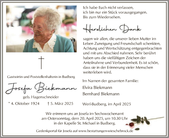 Todesanzeige von Josefa Biekmann von WA