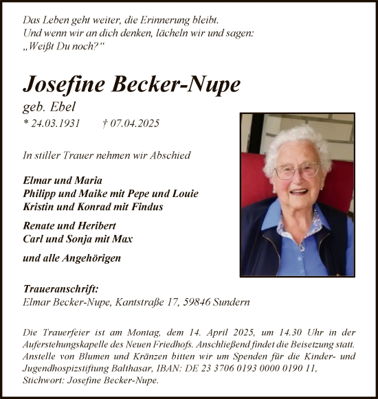 Todesanzeige von Josefine Becker-Nupe von WA