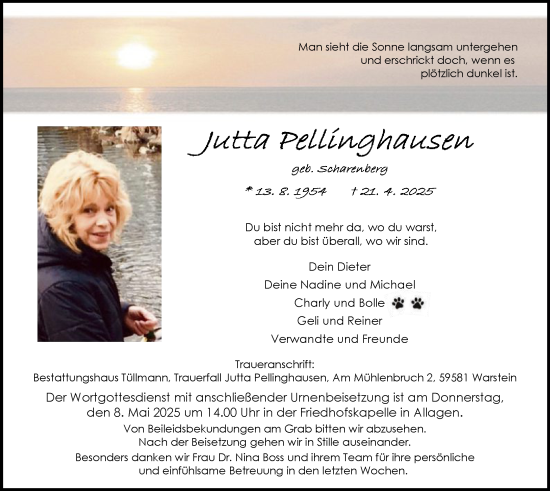Todesanzeige von Jutta Pellinghausen von WA