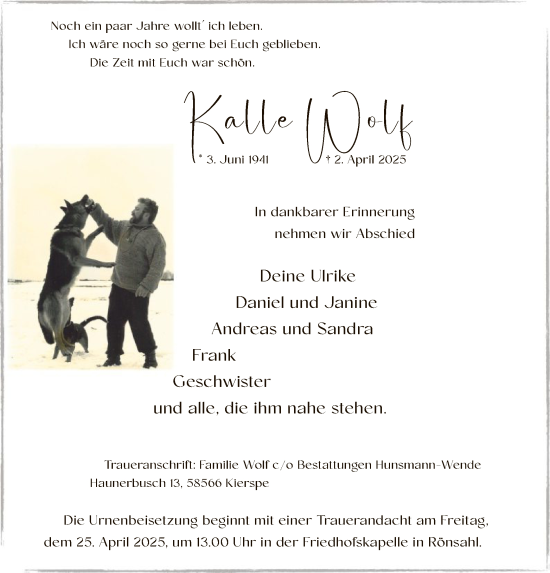 Todesanzeige von Kalle Wolf von WA