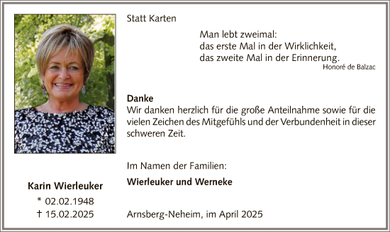 Todesanzeige von Karin Wierleuker von WA