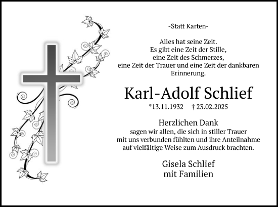 Todesanzeige von Karl-Adolf Schlief von WA