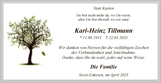 Todesanzeige von Karl-Heinz Tillmann von WA
