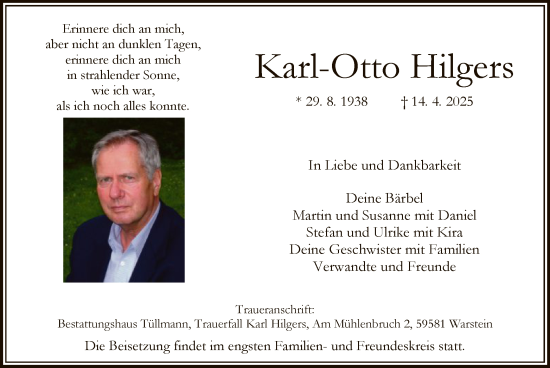 Todesanzeige von Karl-Otto Hilgers von WA