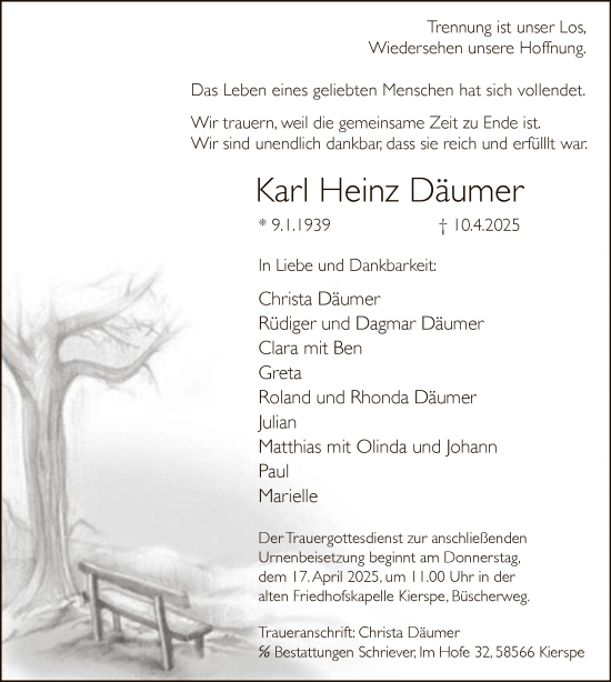 Todesanzeige von Karl Heinz Däumer von WA