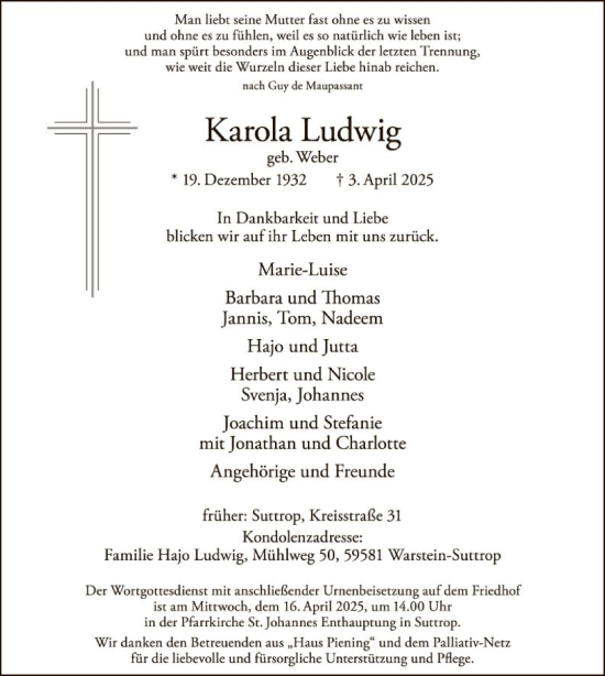 Todesanzeige von Karola Ludwig von WA