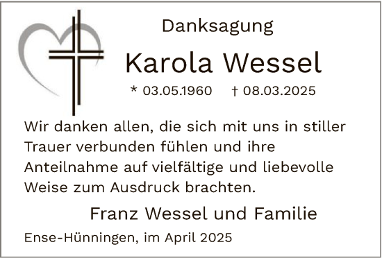 Todesanzeige von Karola Wessel von WA