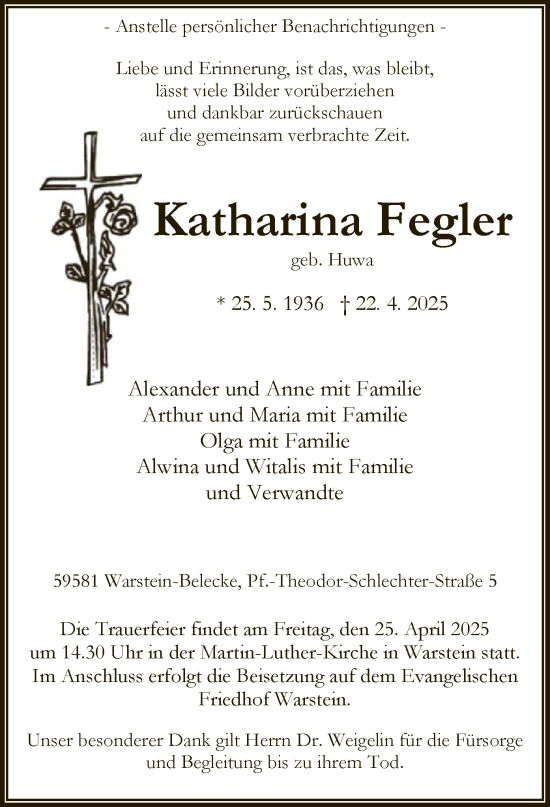 Todesanzeige von Katharina Fegler von WA