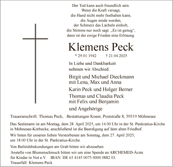 Todesanzeige von Klemens Peck von WA