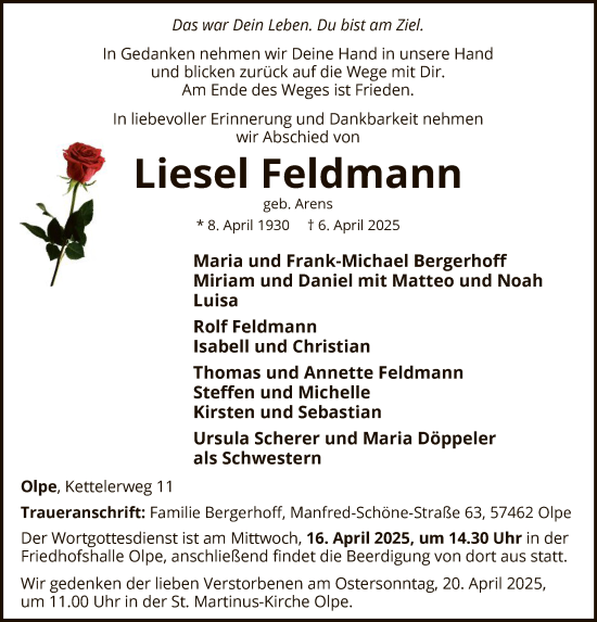 Todesanzeige von Liesel Feldmann von WA