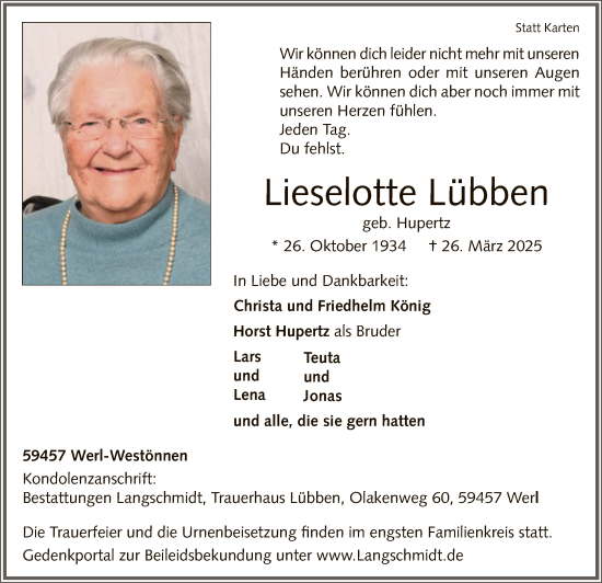 Todesanzeige von Lieselotte Lübben von WA