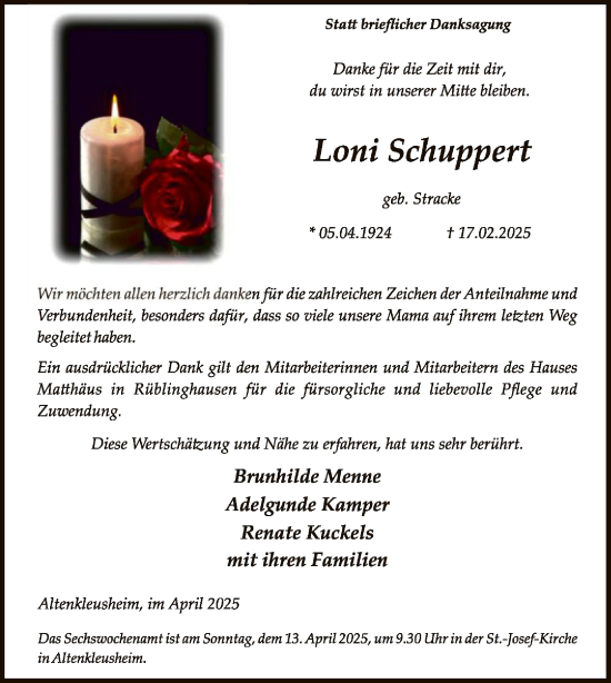 Todesanzeige von Loni Schuppert von WA